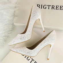Women's Shallow Mouth Pointed Toe Shiny Sequins Sexy Slim Nightclub Highh Heels Single Shoes - ShopShipShake